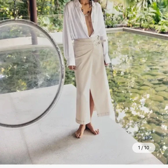 NWT Zara 1975 SZ XS Ecru Denim Double Buckle wrap Midi Skirt - Picture 3 of 9